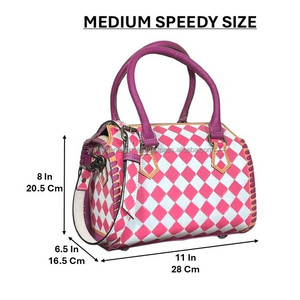 New Arrival Pink & White Checkered <b>Hand</b> <b>Tooled</b> Leather Speedy Bags Genuine Leather Crossbody Travel Small Duffel Bag for Women's - Product Image 2