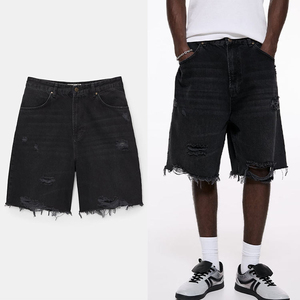 Shorts en jean baggy déchirés pour hommes, coupe ample, jambe large, délavage vintage, style urbain, streetwear, décontracté, effet moustaches, longueur genou - Product Image 5