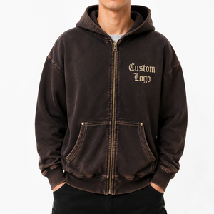 Sweat-shirt à capuche zippé pour homme, 460 GSM, épais, délavé à l'acide, effet soleil, vintage, grunge, coupe oversize, logo personnalisé, streetwear - Product Image 1