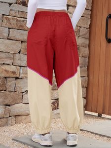 Pantalon de jogging ample à taille mi-haute pour femme, coupe droite, couleur unie, taille élastique, idéal pour l'été |   Poches de sport amples à blocs de couleur - Product Image 4