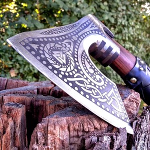Hacha Ancha Estilo Vikingo, Hoja de Acero Forjado, Mango de Madera, Cabeza Barbuda, Herramienta para Talar Árboles - Product Image 5