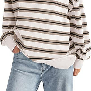 Sweat-shirt pour femme à col montant, rayé blanc, taupe et noir, avec épaules tombantes, manches longues amples et ourlet à bande, logo personnalisé - Product Image 2