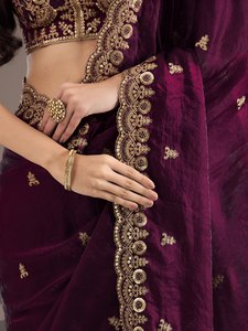 Purple Embroidered <b>Tissue</b> Saree for Women Traditional Long Dress Wrinkle Free Moisture Wicking Party <b>Wedding</b> Wear - Product Image 4