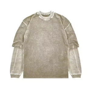 T-shirts personnalisés de haute qualité avec logo, design vintage, effet délavé, double couche, manches longues pour hommes - Product Image 1