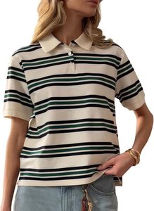 Polo a Rayas de Mujer de Última Tendencia, Manga Corta, Tejido de Punto Casual, Largo Regular, Patrón Liso Teñido, Camisetas Polo ODM - Product Image 4