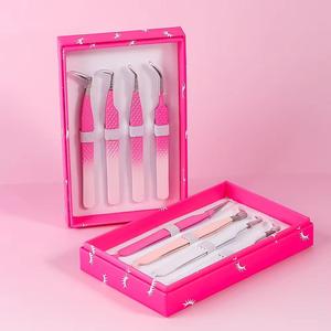 Eyelash Tweezers Set Stainless Steel Precision <b>Tools</b> <b>Pink</b> <b>Box</b> Packaging Smooth Tip For Eyelash Application - Product Image 1