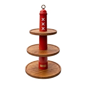 Support à gâteau rond à 3 niveaux en bois artisanal et présentoir à cupcakes en bois d'acacia massif, plateau de service à dessert multi-niveaux avec métal rouge - Product Image 1
