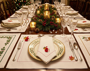 Ensemble de nappes et de serviettes de table de Noël personnalisées en gros, brodées avec Père Noël et des cadeaux, en coton blanc, lavables en machine, pour la maison et les événements festifs - Product Image 4