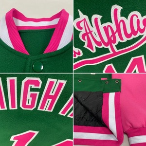 Custom Sublimation Uniform White Pink Kelly Green <b>Bomber</b> <b>Varsity</b> Letterman <b>Jacket</b> Full Snap Two Tone Casual Outerwear - Product Image 5