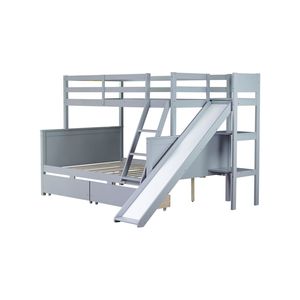 Grey Rubber <b>Wood</b> Twin Over Full <b>Bunk</b> <b>Bed</b> with Slide Drawers and Ladder 2 Drawers Slide Shelves Kids' <b>Beds</b> (Old SKU W504S0006) - Product Image 1