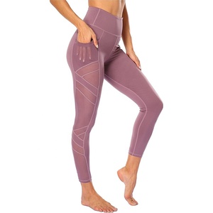High Waist <b>Cropped</b> <b>Leggings</b> With Pockets Solid Color Sporty Style Spandex Nylon Knitted Stretch Breathable Quick Dry Women's - Product Image 3