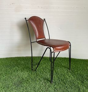 Vintage Brown Leather Dining <b>Chair</b> with Curved Backrest Armless Design <b>Metal</b> Frame <b>Legs</b> Rustic Industrial Accent Seating - Product Image 3