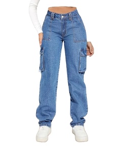 Femmes nouveau américain rétro mi-taille jean grande taille décontracté droit multi-poches vêtements de travail Denim pantalon dentelle bouton décorations - Product Image 3