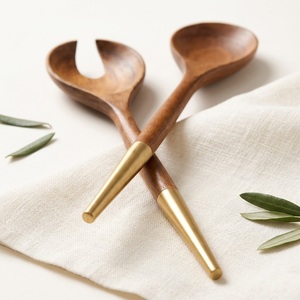 Luxury Modern Eco-Friendly Acacia Wood Salad Server Set <b>Gold</b> Brass Handles Handcrafted <b>Serving</b> <b>Spoon</b> Fork Home Hotel Tableware - Product Image 4