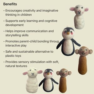 Ensemble de 3 marionnettes à doigts en feutre écologique, fabriquées à la main au Népal, en 100% laine de mouton, douces, sûres et parfaites pour les enfants. - Product Image 6