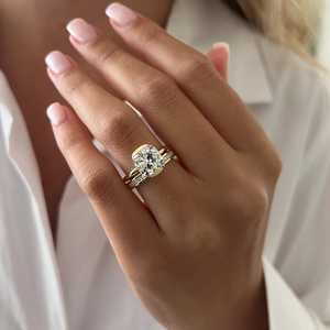<b>UNIQUE</b> 3 Carat Cushion Lab Grown Diamond Half Bezel Flush Fit Bridal Set, Yellow Gold Dainty <b>Engagement</b> <b>Ring</b> Set, IGI Certified - Product Image 1