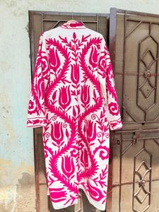 Robe de bain pour femme en coton 100% écologique, rose, à fleurs, style Suzani, manches longues, col en V, avec ceinture, pour l'été - Product Image 6