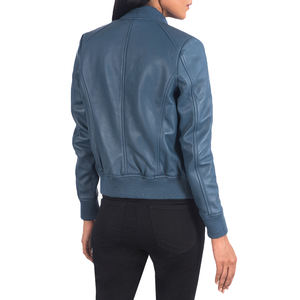 Chaqueta Bomber de Cuero Genuino Azul Cielo para Mujer, con Ribete de Punto Acanalado, Otoño Invierno, Logotipo, Casual, Lujo, Fabricante OEM ODM al por Mayor - Product Image 5
