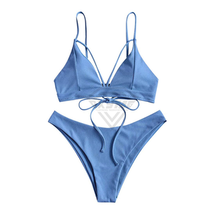 Women's Ribbed Two Piece Bikini Set Crossed Halter Top Thong Bottom Solid Blue Swimwear <b>Stretch</b> Beachwear Bikini Sets - Product Image 3