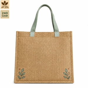 Natural Jute Grocery Shopping Tote Bag with Printed Cotton Pocket PP Laminated Custom Logo Wholesale OEM Manufacturer 36x32x15cm - Product Image 5