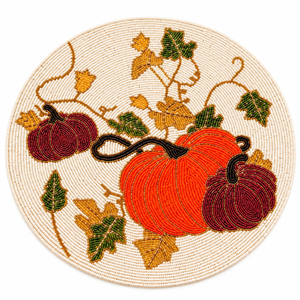 Harvest Pumpkin <b>Glass</b> Beaded Placemat Autumn Vines Gold Details | Modern Seasonal <b>Table</b> <b>Mat</b> Fall Dining Decor Durable Heat - Product Image 1