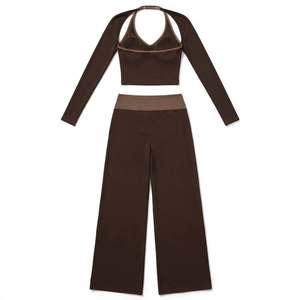 Conjunto de yoga de 3 piezas para mujer con cintura doble: pantalones de pierna ancha, top corto halter y bolero de manga larga - Product Image 6