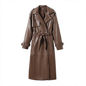 Brown PU Leather Trench <b>Coat</b> <b>Women</b> Long Sleeve <b>Double</b> <b>Breasted</b> Belted Elegant Autumn Outerwear Solid Color Full Length - Product Image 4