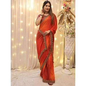 Atractivo Sari de satén bordado rojo con blusa Ropa festiva para fiestas - Product Image 5