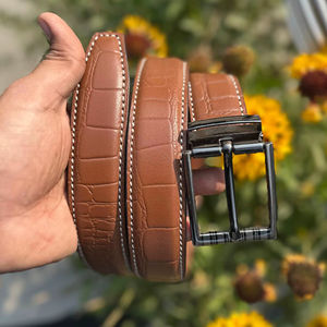 Ceinture en cuir de vachette artisanale marron avec broderie crocodile et impression par transfert thermique, boucle en fer, largeur 3,5 cm, longueur 120 cm, pour tenue formelle - Product Image 3