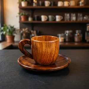Ensemble tasse et soucoupe en bois artisanal, 1 tasse et 1 soucoupe |   Ensemble de tasses à thé et à café en bois rustique |   Vaisselle artisanale pour table à manger - Product Image 2