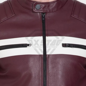 Custom Premium Men Maroon Leather Biker <b>Jacket</b> Fashion Slim Fit Motorbike Racing Coat Quilted Shoulder <b>White</b> Stripe Design - Product Image 5