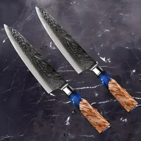 Set Pisau Koki 2 Buah Buatan Tangan Khusus untuk Kedua Tangan, Baja Damaskus 67 Lapis, Bilah 8 Inci, Gagang Kayu+Resin, Sarung Kulit, Tahan Lama