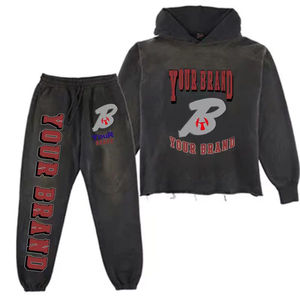 Conjuntos de Sudadera y Pantalón de Chándal Personalizados 100% Algodón, de Dos Piezas, Oversize, Holgados, con Estampado Grueso, Dobladillo sin Rematar y Lavado Ácido, para Hombre - Product Image 2