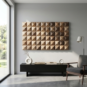 Decoración de Pared, Panel de Arte Mural Tallado en Madera Natural Moderna con Patrón Geométrico de Diamantes en 3D, Decoración de Interiores de Hogar Contemporánea de Lujo - Product Image 3