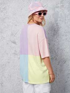ONETEN APPARELS Women's Color Block T-Shirt Pastel Blue and Yellow Short Sleeve <b>Top</b> - Product Image 2