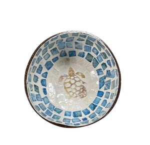 Premium detailed sea turtle and blue tile <b>mosaic</b> art on this Mother of pearl coconut bowl high end botanical aesthetic decor - Product Image 1