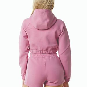Femmes en détresse haut court à capuche personnalisé 100% coton Tech polaire Streetwear fermeture éclair sweats support en gros pour l'hiver - Product Image 4