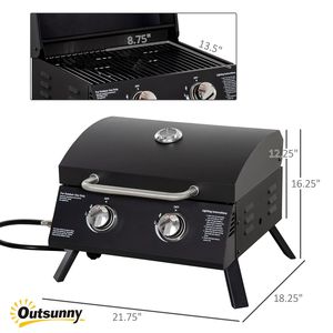 Griglia a Gas Propano Portatile a 2 Bruciatori con Gambe Pieghevoli e Termometro sul Coperchio, BBQ da Tavolo Nero per Campeggio - Product Image 3