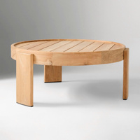 Table basse ronde moderne en teck avec plateau à lattes et base en bois massif imperméable