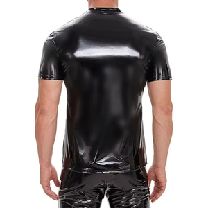 Men's Black Shiny PU Leather Short Sleeve Crew Neck T-<b>Shirt</b> Casual Solid Color Summer Wear - Product Image 3