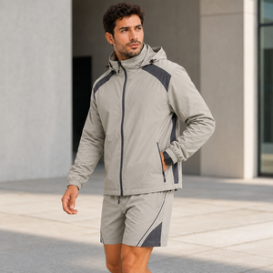 Ensemble veste coupe-vent à capuche et short pour homme, léger, séchage rapide, sportif, été, gris, polyester, OEM - Product Image 4