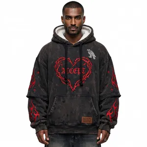Sweat à capuche surdimensionné noir personnalisé, effet délavé à l'acide, doublure en sherpa, broderie cœur ardent à pointes, manches double épaisseur - Product Image 3