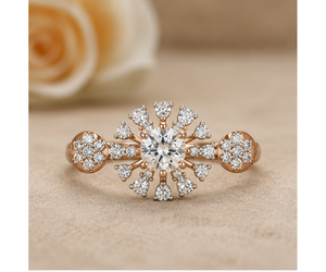 Anillo de Compromiso Floral, Chapado en Oro Rosa de 14K, Corte Brillante, Solitario, Diamante Sintético Cultivado en Laboratorio, Halo de Flores, Propuesta de Matrimonio - Product Image 1
