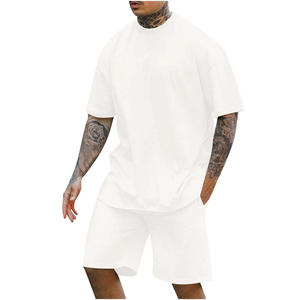 Custom t shirt shorts <b>set</b> Breathable Comfortable Cotton Polyester Blend Plain Dyed men's 2 Piece shorts And t shirt <b>sets</b> - Product Image 2