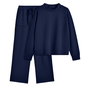 Ensemble de survêtement personnalisé pour femme, bleu marine, col rond, haut à manches longues, pantalon large, ensemble deux pièces, vêtements de détente, vente en gros OEM - Product Image 5