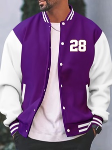 <b>Purple</b> White Color Block Varsity Jacket <b>Men</b> Stand Collar Button Up Autumn Casual Outerwear - Product Image 1