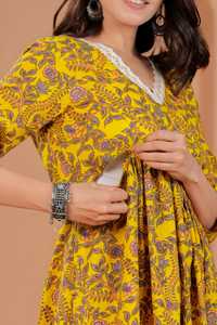 Mustard Floral Print Cotton V-Neck <b>Three</b> Quarter Sleeve Casual Fit Flare Midi Dress Maternity Feeding Gown Pockets Daily Wear - Product Image 4