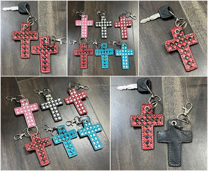 Checkered Style Hand Tooled Cowhide Leather Cross <b>Keychain</b> Wholesale with Diamond Pattern Durable Metal Clasp Fashionable Gift - Product Image 3