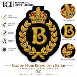 High End Custom Hand Embroidered Eco-Friendly Lace PU <b>Sew</b>-<b>On</b> Luxury Gold Bullion Wire Crown Initial <b>Badge</b> for Fashion Clothing - Product Image 2