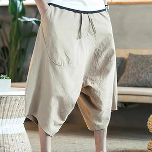Summer Breathable Solid Beach Polyester/Nylon Canvas High Street Style Casual Elastic Waist <b>Men's</b> Wide Leg <b>Baggy</b> Capris Sport - Product Image 1